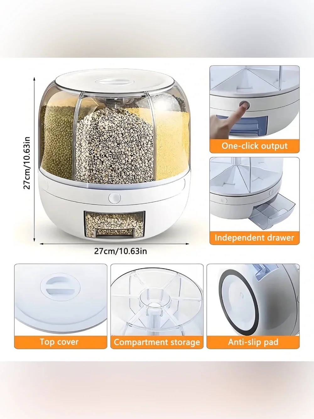 Rotating Storage Bin 6 Grids - One-Click - dispenser (candy, grains, beans, etc)